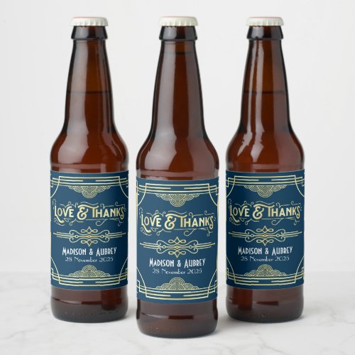 Art Deco Wedding Love  Thanks Gold Blue Favor Beer Bottle Label