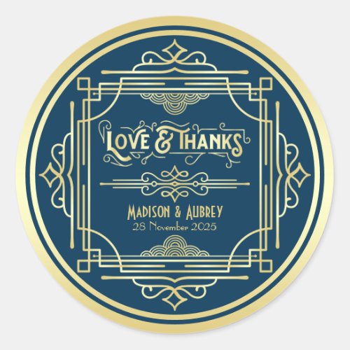 Art Deco Wedding Love  Thanks Gold Blue Favor Classic Round Sticker
