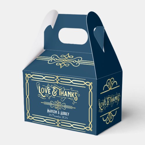 Art Deco Wedding Love  Thanks Gold Blue Favor Favor Boxes