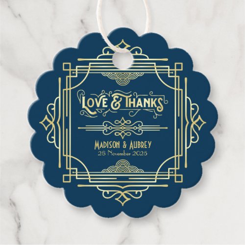 Art Deco Wedding Love  Thanks Gold Blue Favor Favor Tags