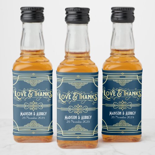 Art Deco Wedding Love  Thanks Gold Blue Favor Liquor Bottle Label