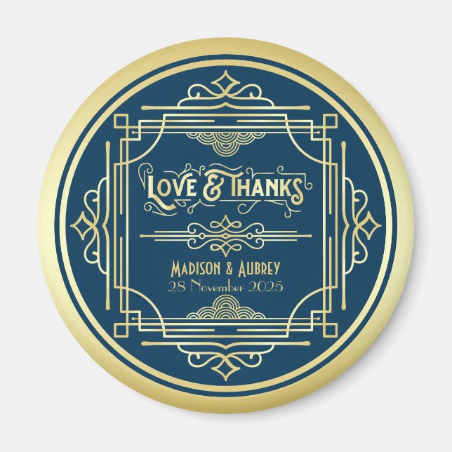 Art Deco Wedding Love & Thanks Gold Blue Favor Magnet (Front)