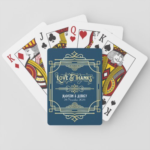 Art Deco Wedding Love  Thanks Gold Blue Favor Poker Cards