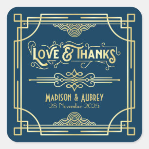 Art Deco Wedding Love & Thanks Gold Blue Favor Square Sticker