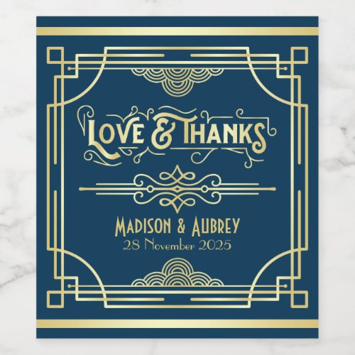 Art Deco Wedding Love  Thanks Gold Blue Favor Wine Label