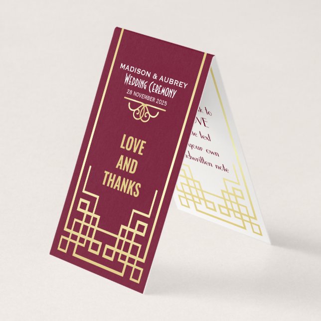 Art Deco Wedding Love & Thanks Gold Burgundy Favor (Front)