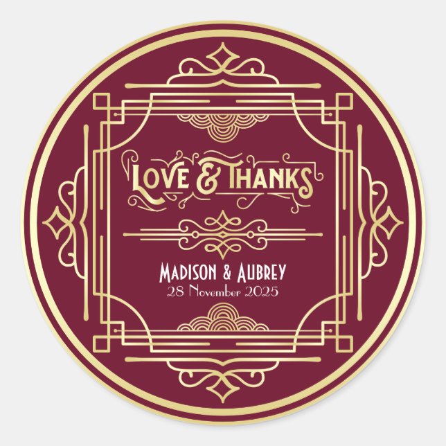 Art Deco Wedding Love & Thanks Gold Burgundy Favor Classic Round Sticker (Front)