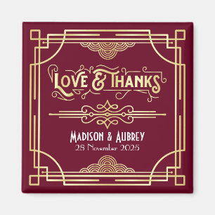 Art Deco Wedding Love & Thanks Gold Burgundy Favor Magnet