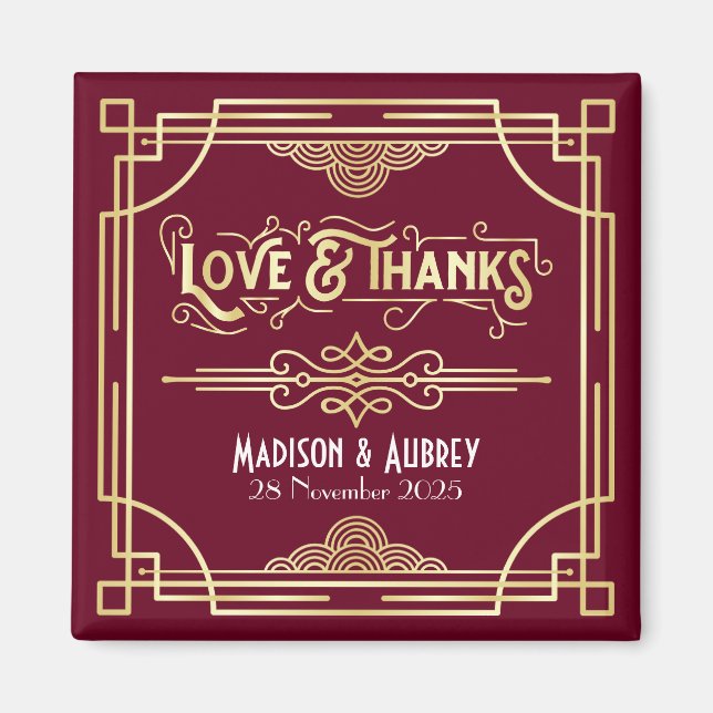 Art Deco Wedding Love & Thanks Gold Burgundy Favor Magnet (Front)