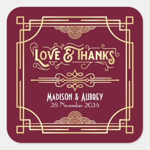 Art Deco Wedding Love  Thanks Gold Burgundy Favor Square Sticker