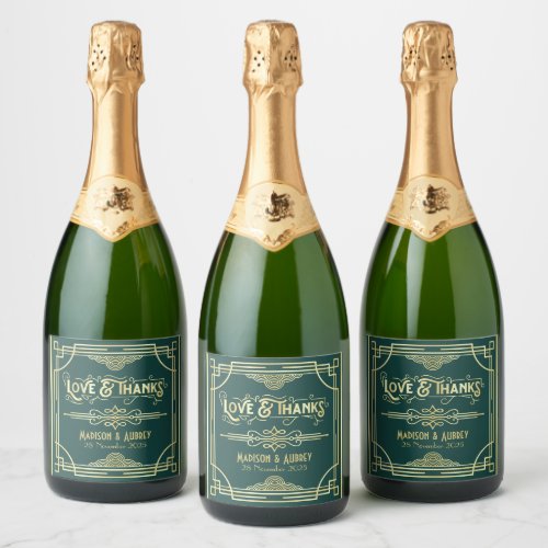 Art Deco Wedding Love & Thanks Gold Green Favor Champagne Label
