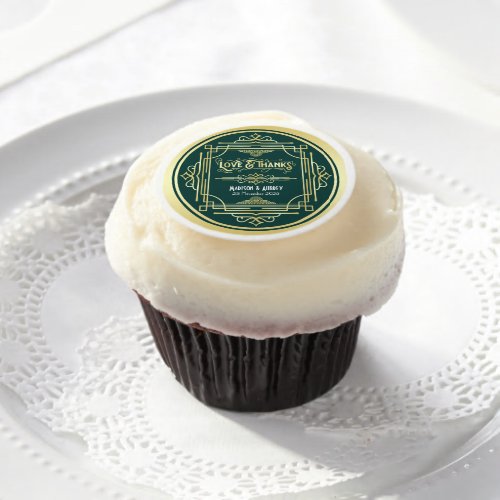 Art Deco Wedding Love  Thanks Gold Green Favor Edible Frosting Rounds
