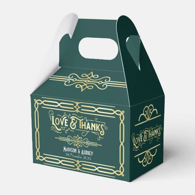 Art Deco Wedding Love & Thanks Gold Green Favor Favor Boxes (Front Side)