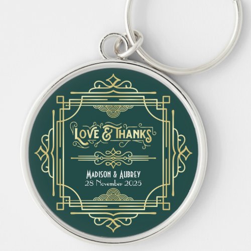 Art Deco Wedding Love  Thanks Gold Green Favor Keychain