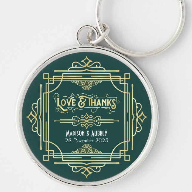 Art Deco Wedding Love & Thanks Gold Green Favor Keychain (Front)