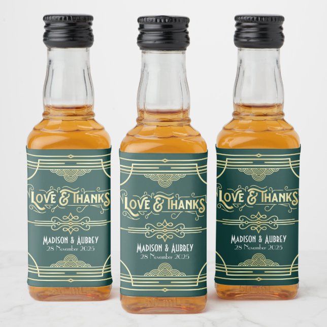 Art Deco Wedding Love & Thanks Gold Green Favor Liquor Bottle Label (Bottles)