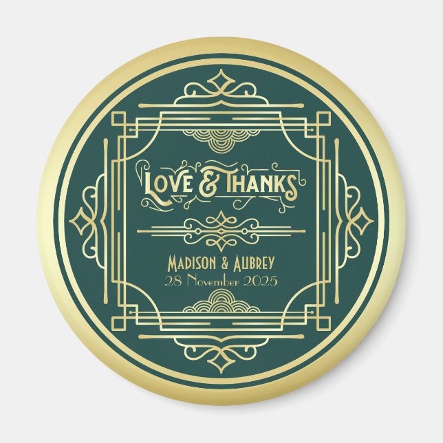 Art Deco Wedding Love & Thanks Gold Green Favor Magnet (Front)