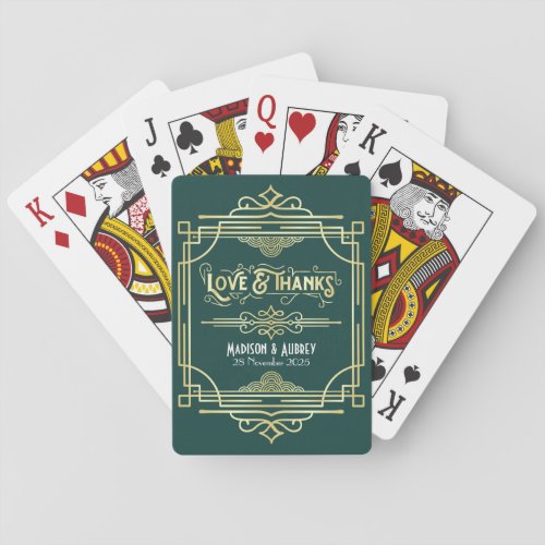 Art Deco Wedding Love  Thanks Gold Green Favor Poker Cards