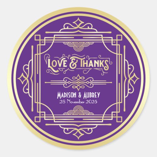 Art Deco Wedding Love  Thanks Gold Purple Favor Classic Round Sticker
