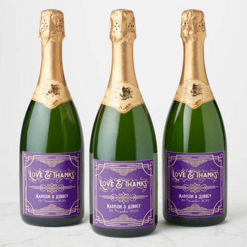 Art Deco Wedding Love  Thanks Gold Purple Favor Sparkling Wine Label