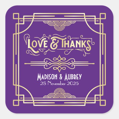 Art Deco Wedding Love  Thanks Gold Purple Favor Square Sticker