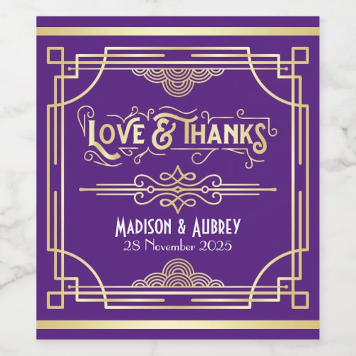 Art Deco Wedding Love  Thanks Gold Purple Favor Wine Label