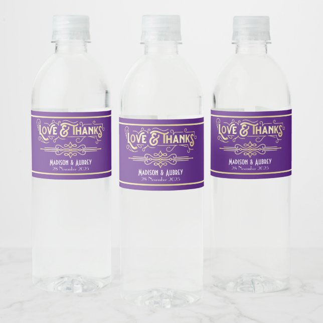 Art Deco Wedding Love & Thanks Gold Purple Water Bottle Label (Bottles)