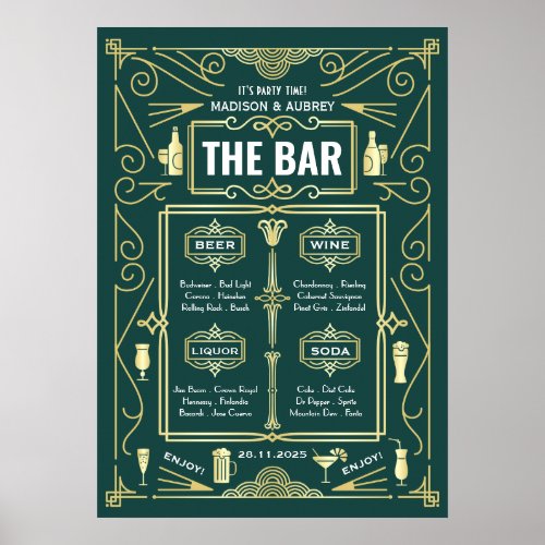 Art Deco Wedding Open Bar Menu Gold Green Party Poster