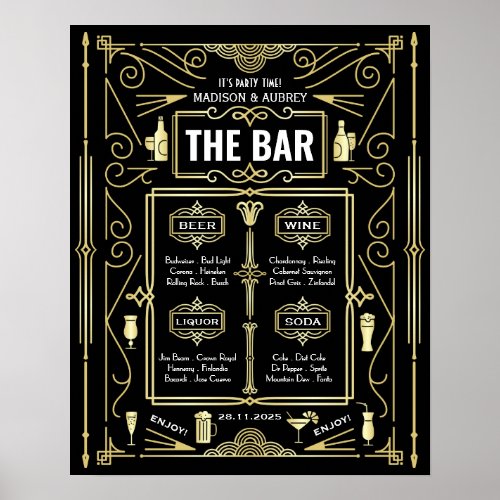 Art Deco Wedding Party Bar Wine Beer Liquor Menu Poster
