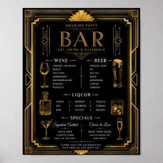 Art Deco Wedding Party Bar Wine Beer Liquor Menu Poster