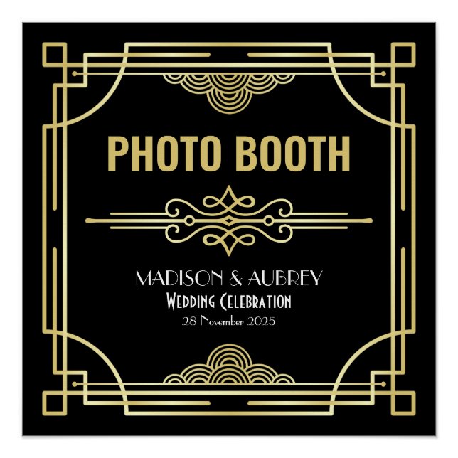Art Deco Wedding Photo Booth Gold Black Party Sign (Front)