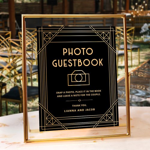 Art Deco Wedding Photo Guestbook Black Gold Sign