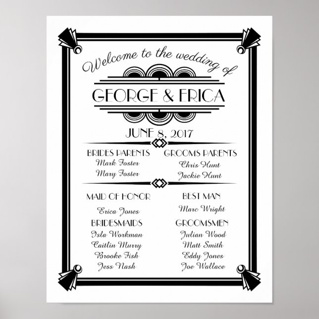 Art Deco wedding program, wedding party silver Poster (Front)