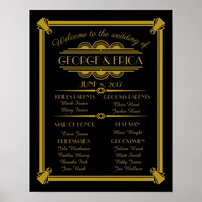 Art Deco wedding program, wedding party silver Poster (Front)