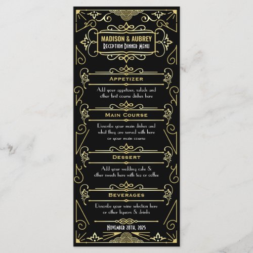 Art Deco Wedding Reception Dinner Gold Black Food Menu