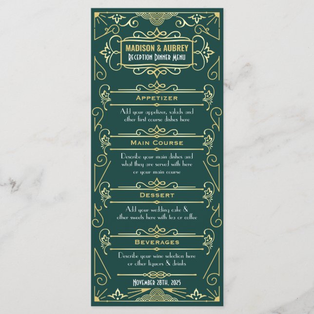 Art Deco Wedding Reception Dinner Gold Green Food Menu (Front)