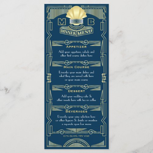 Art Deco Wedding Reception Dinner Party Gold Blue Menu