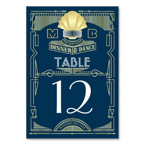 Art Deco Wedding Reception Dinner Party Gold Blue Table Number