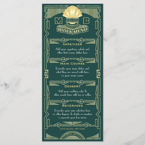 Art Deco Wedding Reception Dinner Party Gold Green Menu