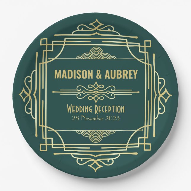 Art Deco Wedding Reception Dinner Party Gold Green Paper Plates (Front)