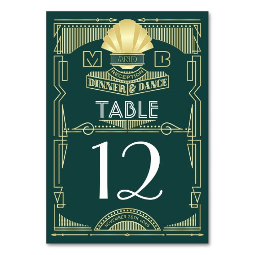 Art Deco Wedding Reception Dinner Party Gold Green Table Number