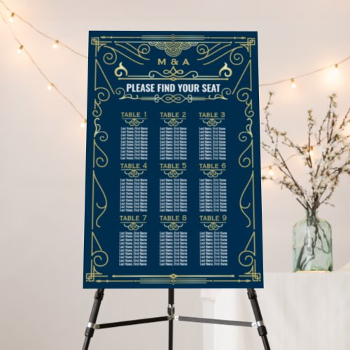 Art Deco Wedding Reception Gold Blue Seating Chart Foam Board