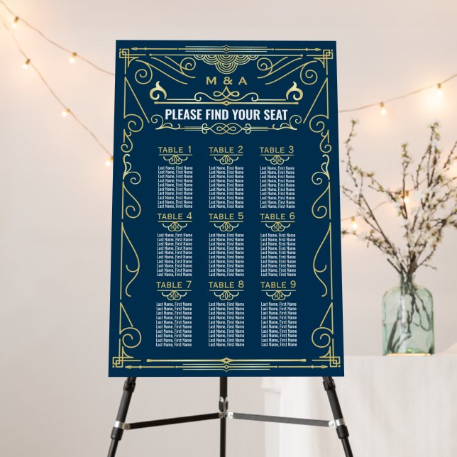 Art Deco Wedding Reception Gold Blue Seating Chart Foam Board (In Situ (Stand))