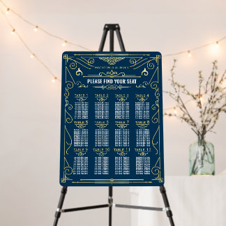 Art Deco Wedding Reception Gold Blue Seating Chart Foam Board