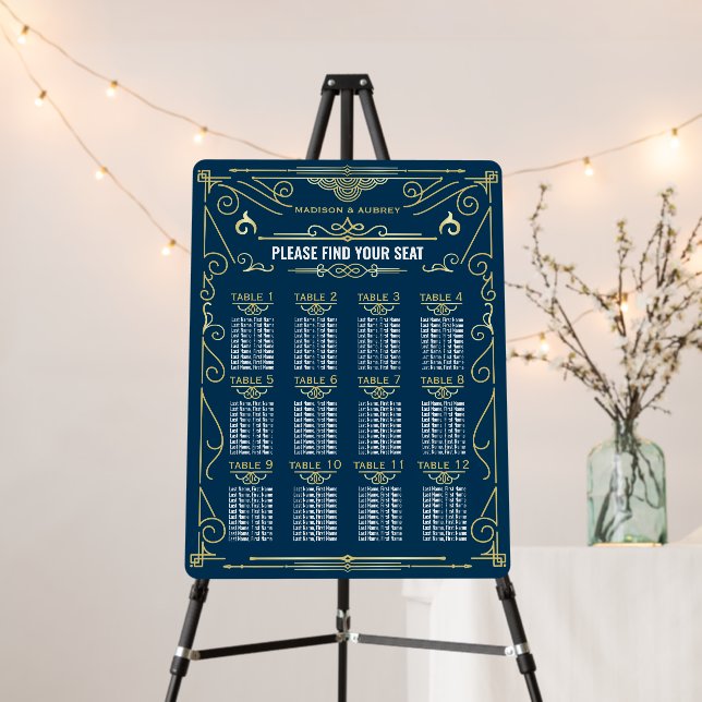 Art Deco Wedding Reception Gold Blue Seating Chart Foam Board (In Situ (Stand))