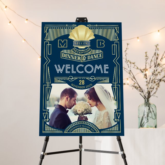 Art Deco Wedding Reception Gold Blue Welcome Foam Board (In Situ (Stand))