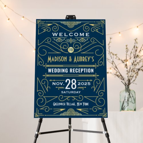 Art Deco Wedding Reception Gold Blue Welcome Foam Board