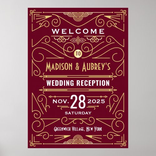 Art Deco Wedding Reception Gold Burgundy Welcome Poster