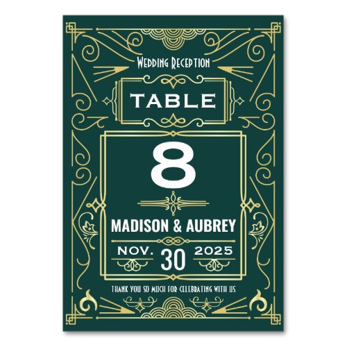 Art Deco Wedding Reception Gold Green Gatsby 1920s Table Number