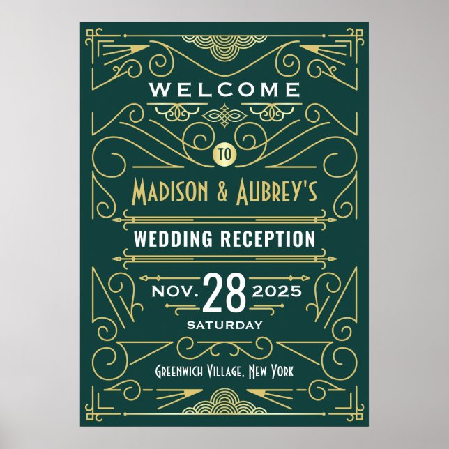 Art Deco Wedding Reception Gold Green Welcome Sign (Front)